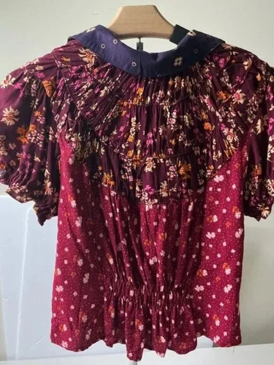 NWT Free People Bella Blouse in Earth Red Combo Colorway Size X-Small - Picture 2 of 6